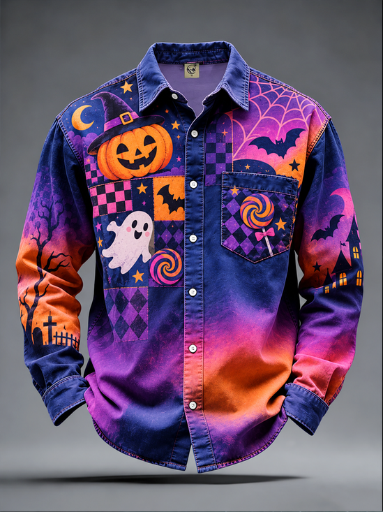 Moisture-Wicking Halloween Top Featuring Pumpkins Skulls Lollipops Spiderwebs Castles  Chest Pocket Long-Sleeve Casual  Shirt