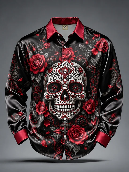 Breathable Silk Satin Day of the Dead Rose & Sugar Skull Casual Long-Sleeve Shirt