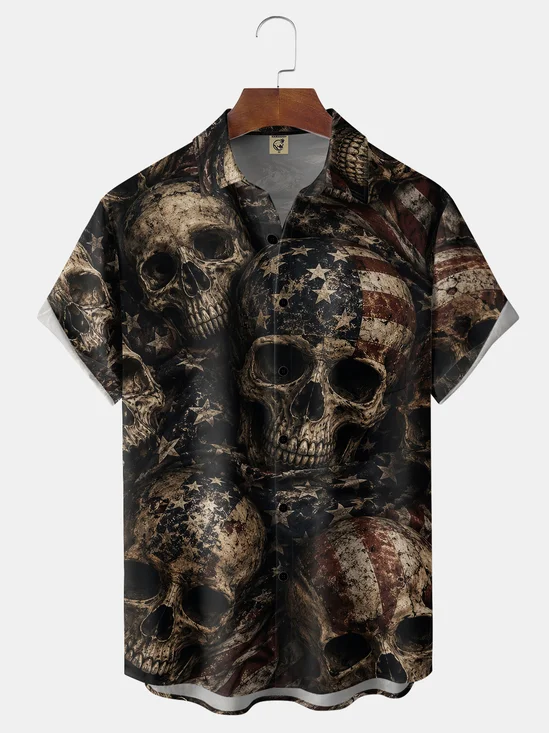 Hardaddy X Valentina Bjekovic Moisture-wicking Independent Day American Flag Skull Chest Pocket Patriotic Shirt