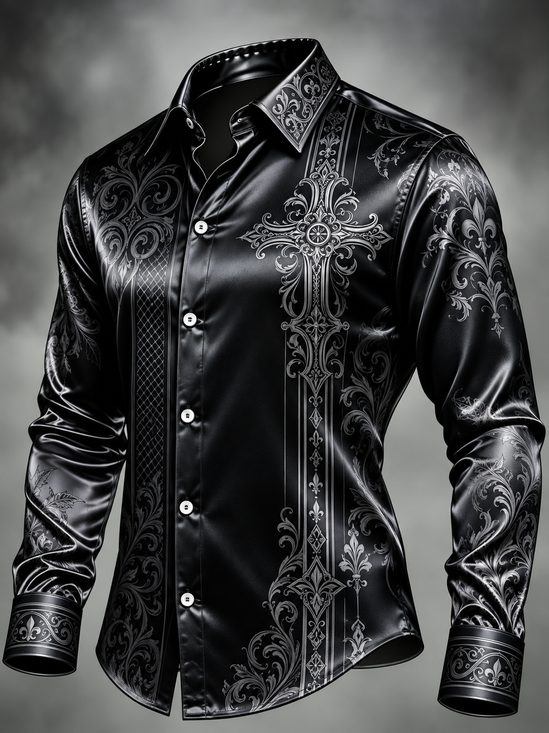 Breathable Silk Satin Leaf Cross Long-Sleeve Casual Shirt