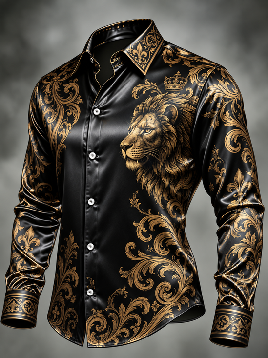 Breathable Silk Satin  Leaf Plant Lion Print Long Sleeve Casual Shirt
