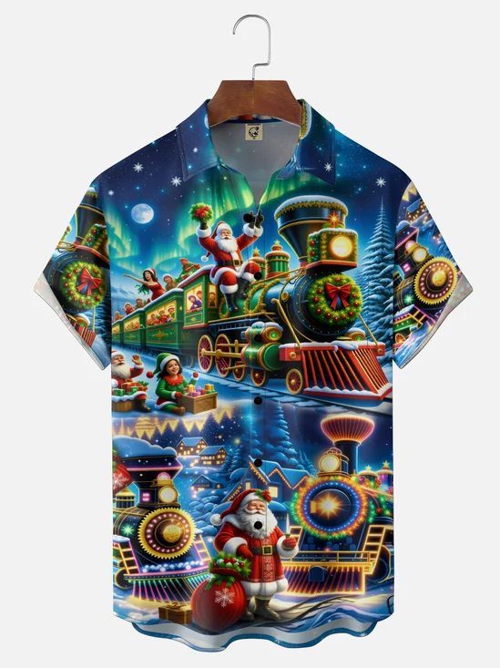 Moisture-Wicking Gradient Christmas-Themed Santa Train  Snowflake Print  Chest Pocket Hawaiian Shirt