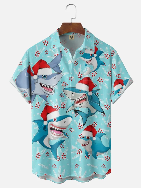 Moisture-Wicking Gradient Christmas Shark-In-Santa-Hat & Snowflake Print Chest Pocket Hawaiian Shirt
