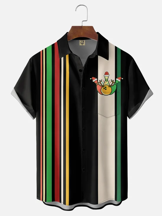 Moisture-Wicking Gradient Christmas Bowling-Style Chest Pocket Bowling Shirt