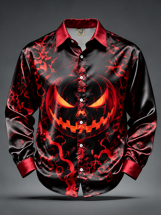 Breathable Silk Satin Halloween Pumpkin Casual Long-Sleeve Shirt