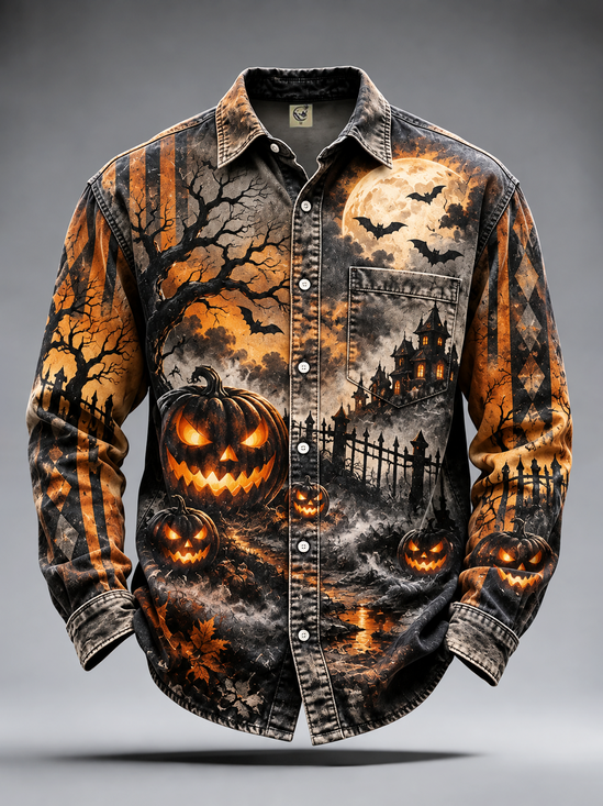 Moisture-Wicking Retro Halloween Pumpkin-Head Bat & Castle Chest-Pocket Long-Sleeve Casual Shirt