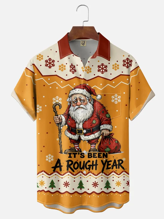 Moisture-Wicking Santa Snowflake  Christmas Tree Print Chest Pocket  Hawaiian Shirt