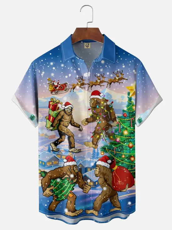Moisture-Wicking Gradient Christmas  Featuring Bigfoot In A Santa Hat Christmas Trees  Reindeer  Chest Pocket Hawaiian Shirt