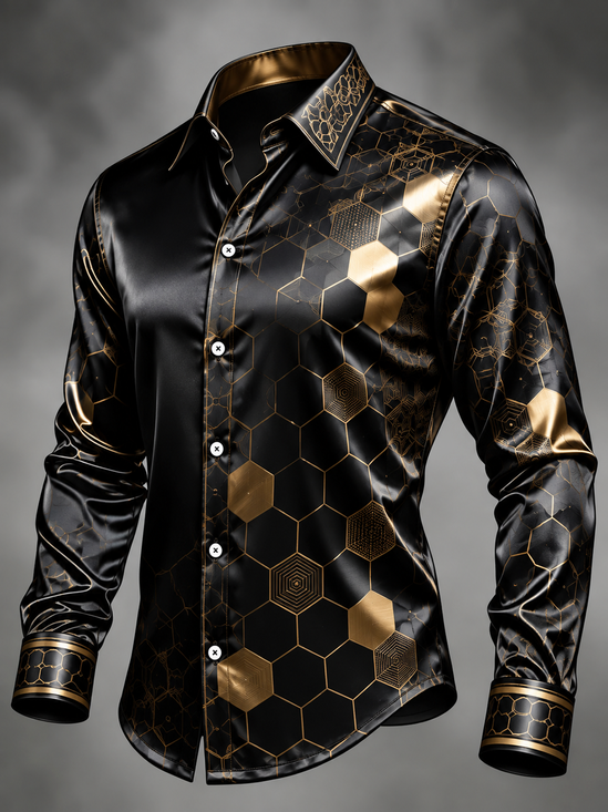 Breathable Silk Satin  Abstract Geometric Gradient Long-Sleeve Casual Shirt