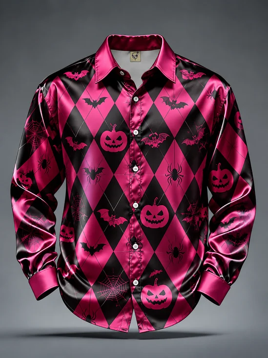 Breathable Silk Satin Halloween Pumpkin Spider Bat Casual Long-Sleeve Shirt
