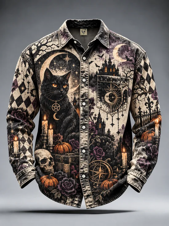 Moisture-Wicking Halloween Pumpkin Black Cat Skull Castle Chest Pocket  Casual Long-Sleeve Shirt