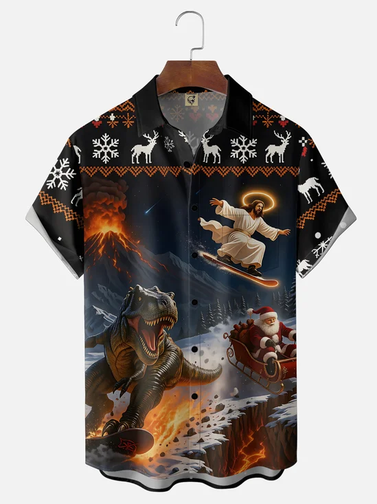 Moisture-Wicking Gradient  Christmas Santa Claus Jesus Dinosaur Snowflake  Reindeer Prints  Chest Pocket Hawaiian Shirt