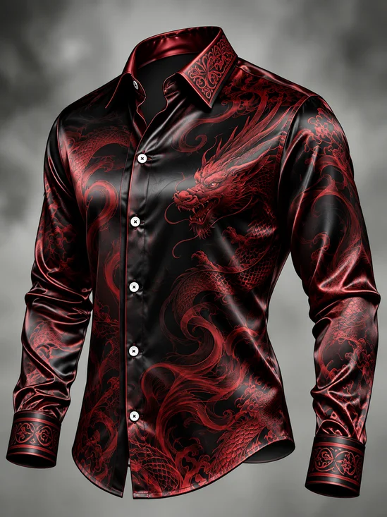 Breathable Silk Satin  Abstract Dragon Art Long-Sleeve Casual Shirt