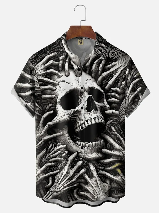 Moisture-Wicking Halloween Skeleton Finger Chest-Pocket Hawaiian Shirt
