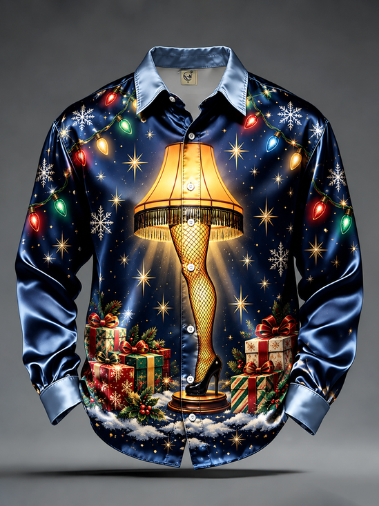 Breathable Silk Satin "Merry Christmas" Leg Lamp Casual Long-Sleeve Shirt