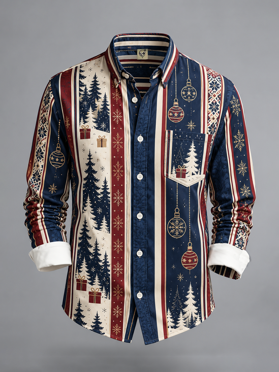 Moisture-Wicking Christmas Tree Stripe Pattern Chest Pocket Casual Long-Sleeve Shirt