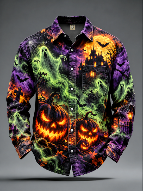 Moisture-Wicking  Halloween-Themed Ghosts Bats Pumpkins Skulls Castles Chest Pocket  Casual Long-Sleeve Shirt