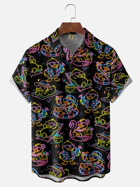 Moisture-Wicking Rubber Duck Floral  Flamingo Float Prints  Chest Pocket Hawaiian Shirt