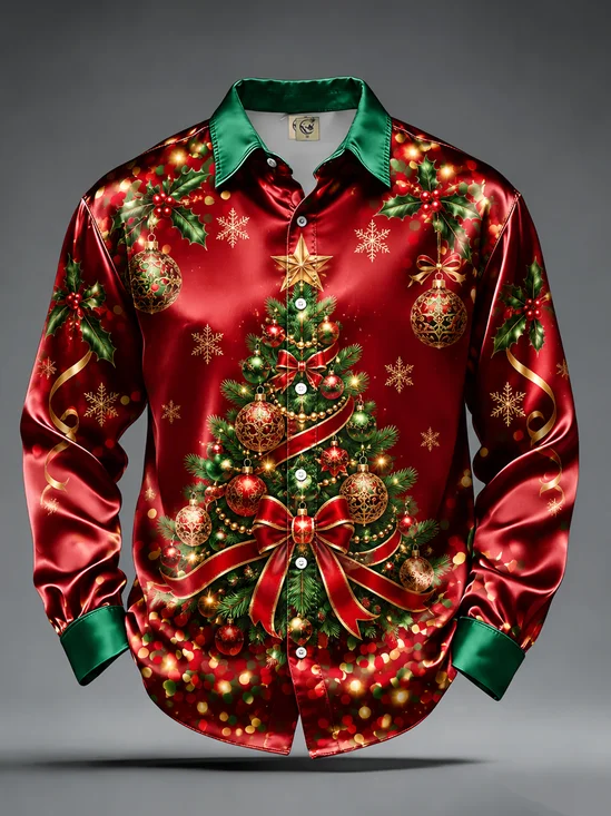 Breathable Silk Satin Christmas Tree Floral Long-Sleeve Casual Shirt
