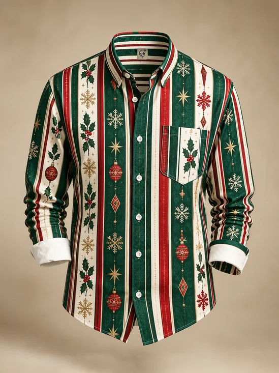 Moisture-Wicking Christmas Tree Stripe Pattern  Chest Pocket Casual Long-Sleeve Shirt