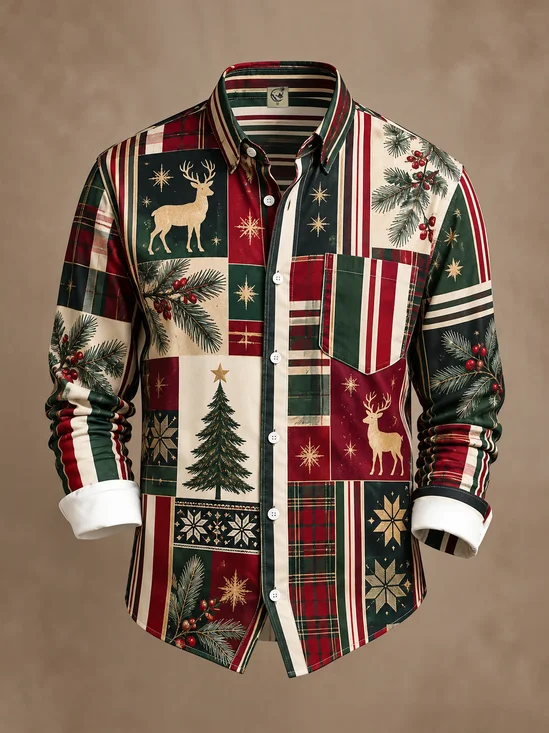 Moisture-Wicking  Christmas Tree & Reindeer Print  Chest Pocket Casual Long-Sleeve Shirt