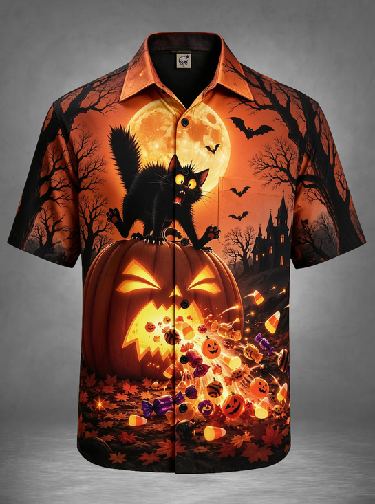 Moisture-Wicking Halloween American Funny Cat Pumpkin Candy Corn Chest Pocket Holiday Hawaiian Shirt