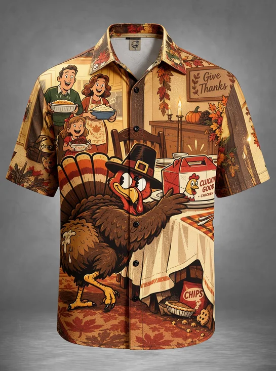 Moisture-Wicking Thanksgiving Family Dinner Cartoon Turkey Pilgrim Hat Fried Chicken Box Maple Leaf Chest Pocket Holiday Hawaiian Shirt
