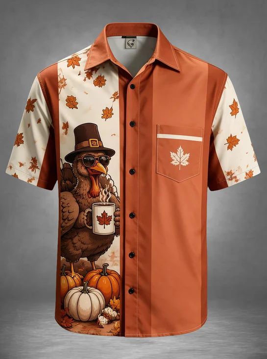Moisture-Wicking Thanksgiving Turkey Pilgrim Hat Sunglasses Maple Mug Pumpkin Fall Leaves  Chest Pocket Holiday Hawaiian Shirt