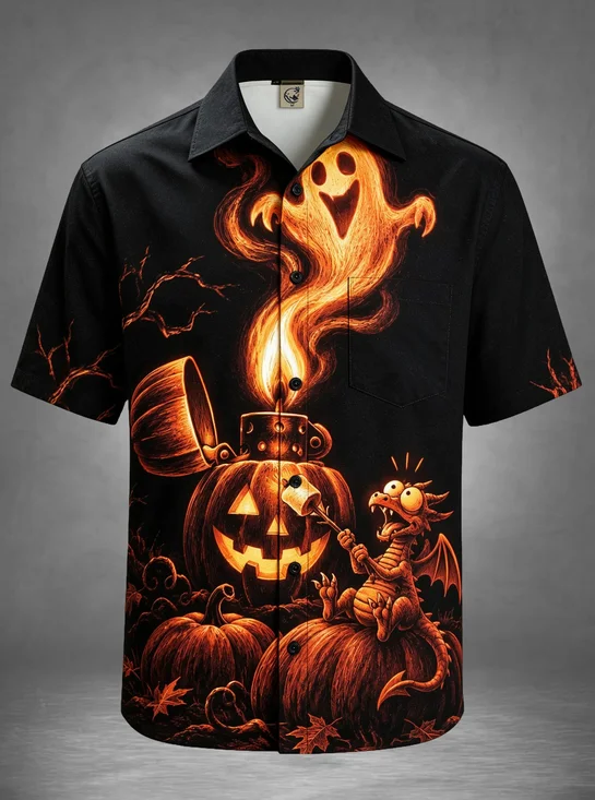 Moisture-Wicking Halloween Dinosaur Marshmallow Pumpkin Flame Ghost Chest Pocket Holiday Hawaiian Shirt