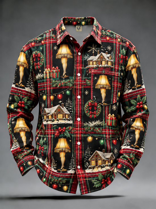 Moisture-Wicking "Merry Christmas" Festive Leg-Design Print Chest-Pocket Casual Long-Sleeve Shirt
