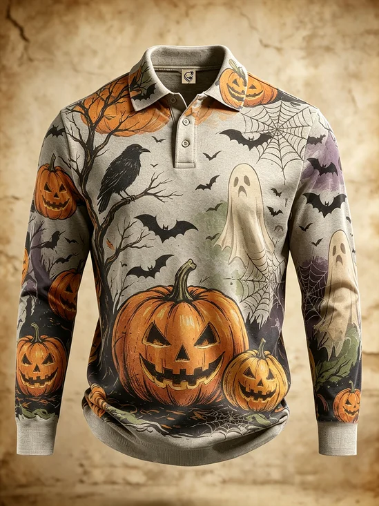Moisture-Wicking Gradient Halloween Print Ghosts Pumpkins Spiderwebs Long Sleeve Hawaiian Golf Polo