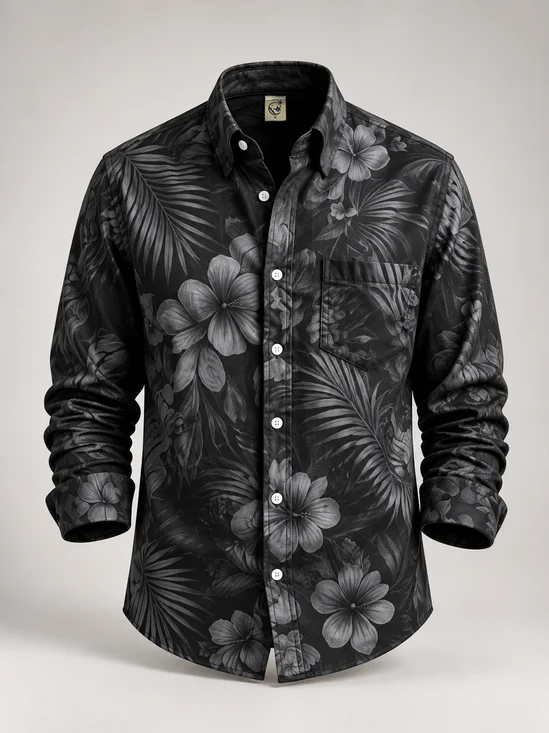 Moisture-Wicking  Tropical Leaf Print Chest Pocket Long-Sleeve Casual Shirt
