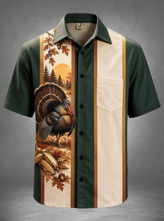 Moisture-Wicking Vintage Vertical Striped Wild Turkey Forest Sunset Corn Acorn Maple Leaf Chest Pocket Bowling Shirt