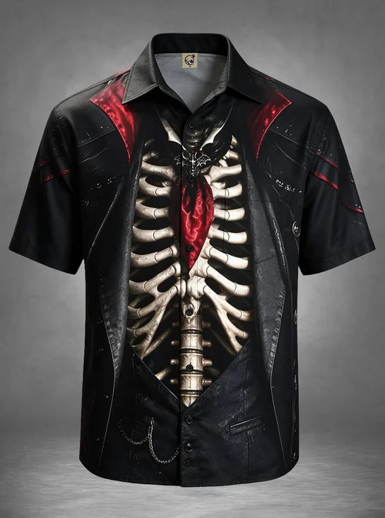 Moisture-Wicking Halloween Punk-Style Skull Ribcage Optical Illusion Gothic Bow Tie Chest Pocket Holiday Hawaiian Shirt