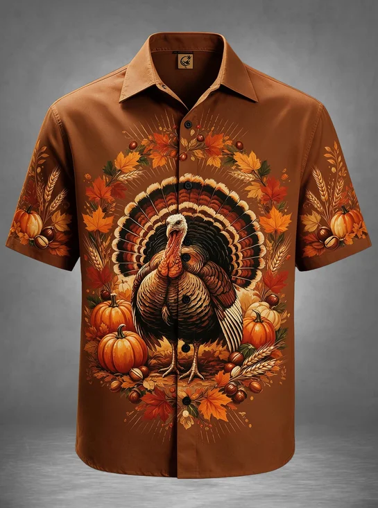 Moisture-Wicking Thanksgiving Wild Turkey Maple Leaf Pumpkin Wheat Acorn Wreath Brown Base Chest Pocket Holiday Hawaiian Shirt