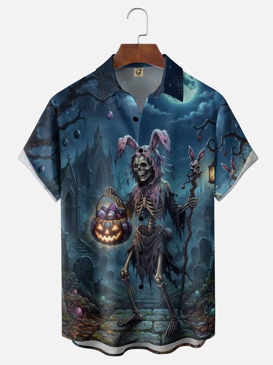 Moisture-Wicking Gradient Halloween Skull-with-Bunny-Ears & Skull-Egg Chest Pocket Hawaiian Shirt