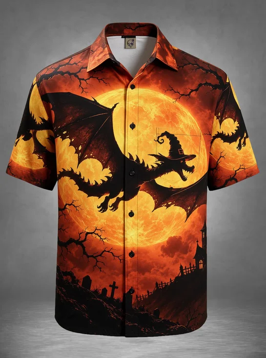 Moisture-Wicking Halloween Fantasy Dinosaur Witch Hat Full Moon Graveyard Chest Pocket Holiday Hawaiian Shirt