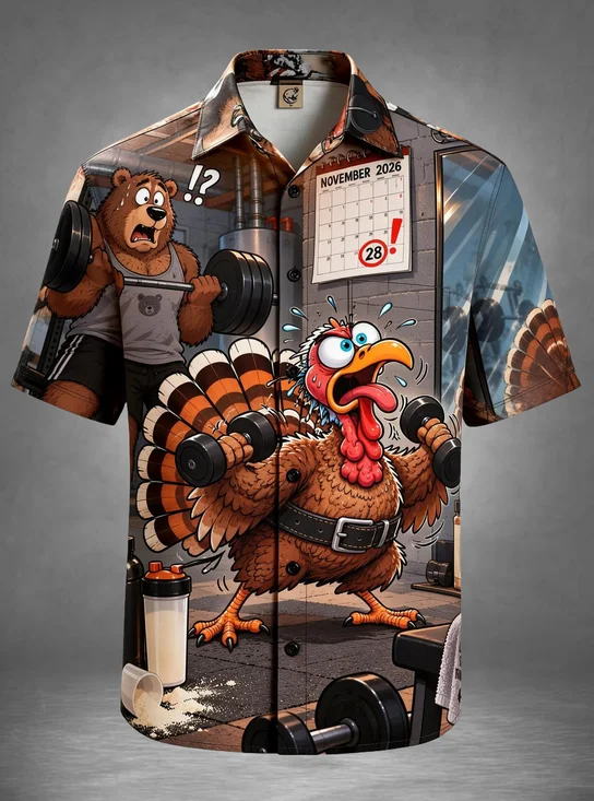Moisture-Wicking Thanksgiving Weightlifting Turkey And Bear Cartoon Chest Pocket Holiday Hawaiian Shirt