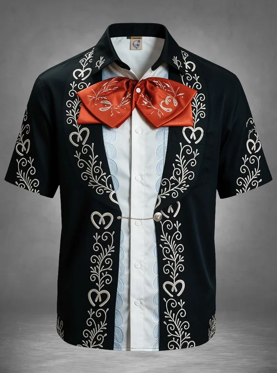 Moisture-Wicking Day of the Dead Vintage Baroque Faux Vest Bow Tie Floral Chest Pocket Holiday Hawaiian Shirt