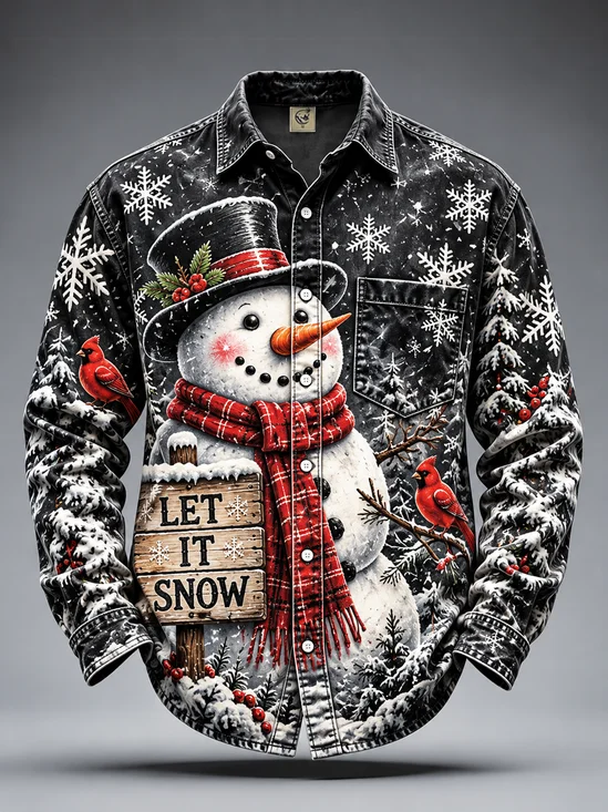 Moisture-Wicking Merry Christmas Snowman Chest Pocket Casual Long-Sleeve Shirt