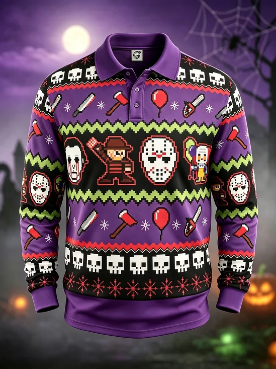 Moisture-Wicking Halloween Skull Mask Killer Long-Sleeve Hawaiian Golf Polo