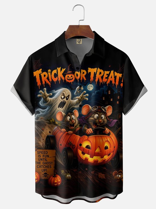 Moisture-Wicking Halloween Ghosts Chasing Mice Pumpkins Spiderwebs  Chest Pocket Hawaiian Shirt