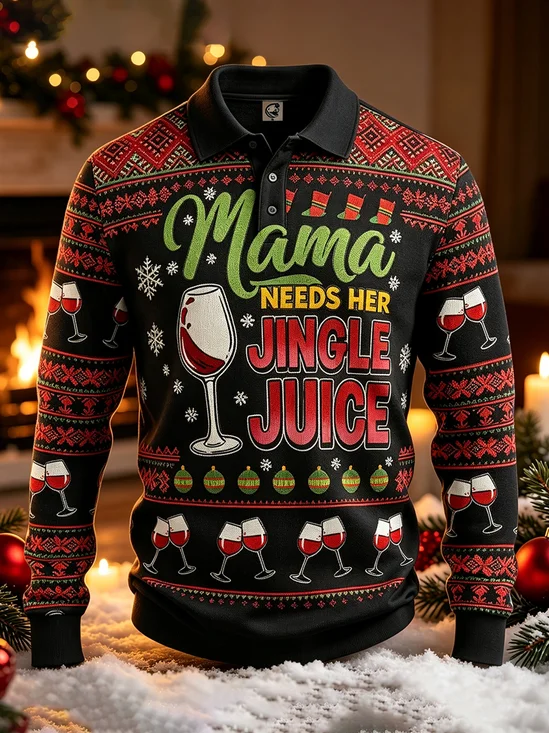 Moisture-Wicking Christmas Red Wine Snowflake  Geometric Patterns Long Sleeve Hawaiian Golf Polo
