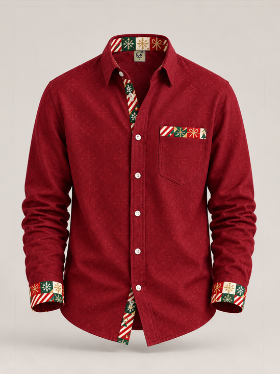 Linen-Texture Solid-Color Patchwork Christmas-Themed Chest Pocket Casual Long-Sleeve Shirt