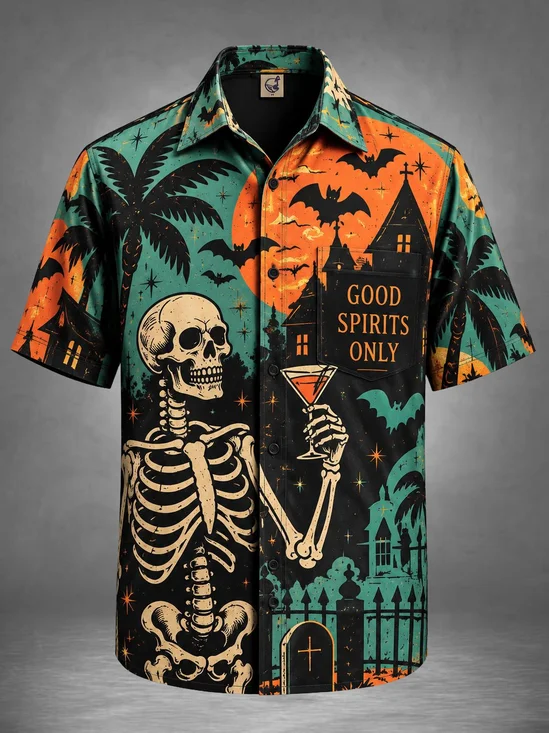 Moisture-Wicking Halloween Vintage Skull Cocktail Tropical Chest Pocket Holiday Hawaiian Shirt