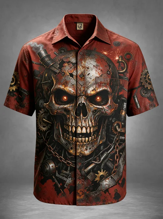 Moisture-Wicking Halloween Steampunk Vintage Mechanical Skull Gears Metal Gears Steam Pipes  Chest Pocket Holiday Hawaiian Shirt