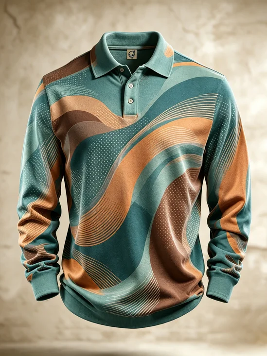 Moisture-Wicking Gradient 3D Abstract Geometric Color-Block & Polka-Dot Long-Sleeve Hawaiian Golf Polo