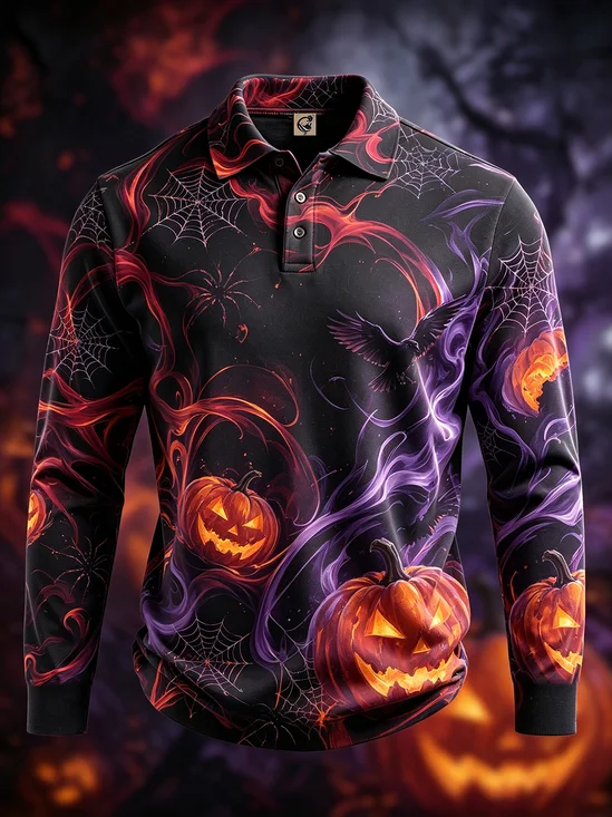Moisture-Wicking Gradient Halloween Print Pumpkin Raven Spiderweb Long-Sleeve Hawaiian Golf Polo