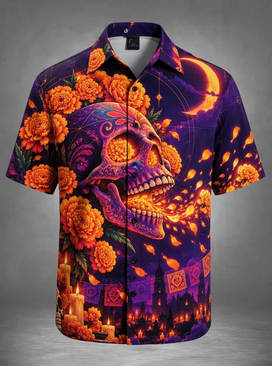 Moisture-Wicking Day of the Dead Sugar Skull Marigold Crescent Moon Candle Chest Pocket Holiday Hawaiian Shirt