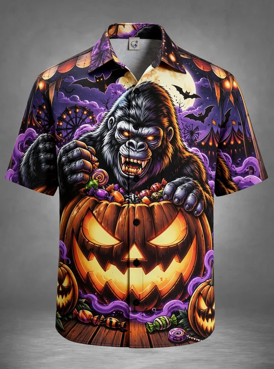 Moisture-Wicking Halloween American Comics Carnival Gorilla Pumpkin Candy Circus Chest Pocket Holiday Hawaiian Shirt